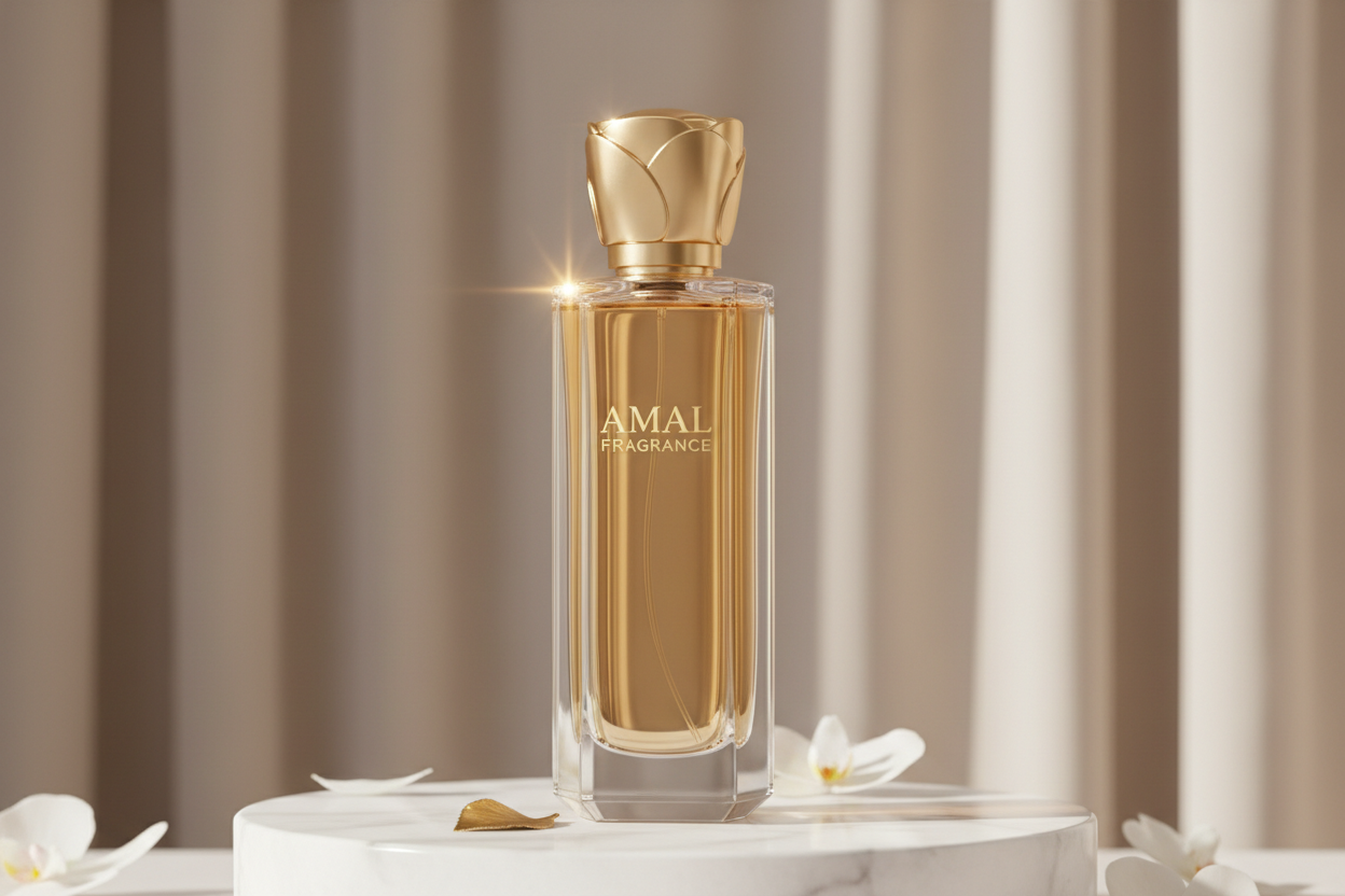 a perfume bottel and text should be added on bottel AMAL FRARANCE